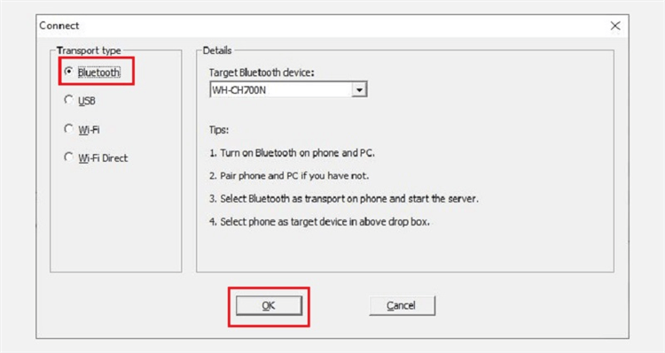 Select Bluetooth under the Transport Type