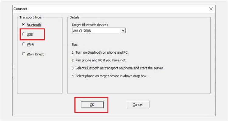 Select USB beneath the Transport Type Option