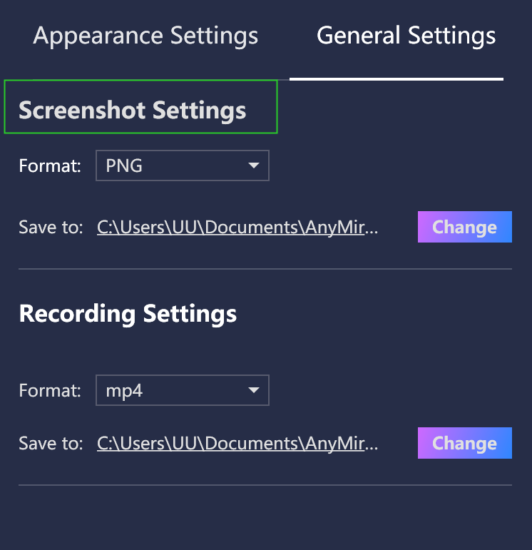 Set Format and Export Path of Screenshot