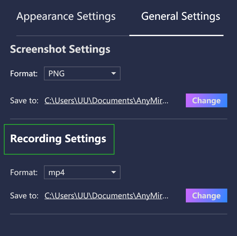 Set Format and Export Path of Screen Recording
