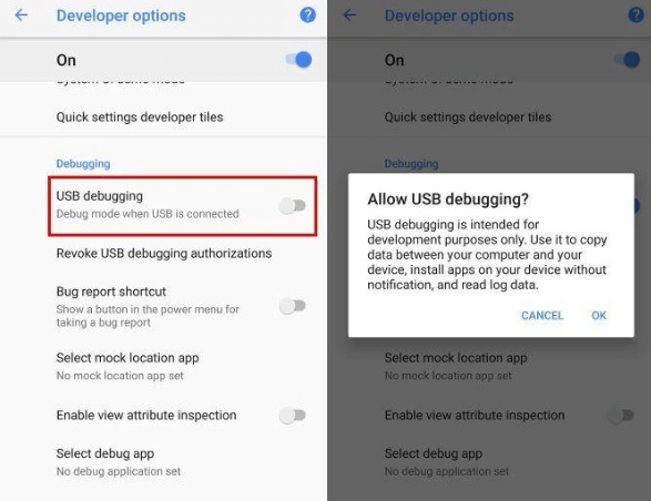 Enable the USB debugging on Android Phone